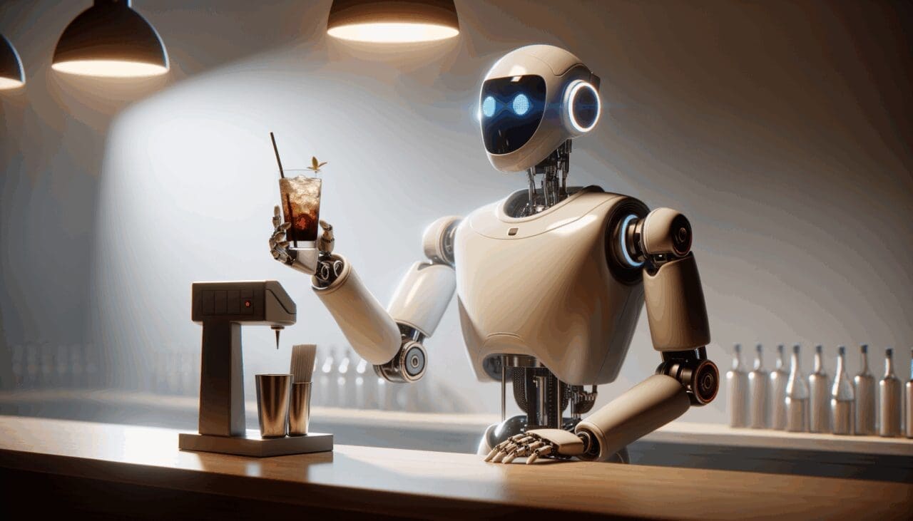 Primer plano de un robot humanoide sirviendo una bebida en un bar moderno