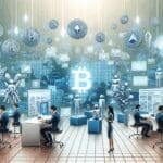 Ilustración conceptual de un entorno digital con tokens, avatares y gráficos cripto en movimiento