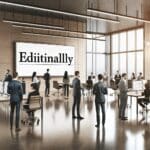 Emprendedores reunidos en un espacio de coworking moderno, con pantallas y pizarras digitales