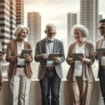 Personas mayores interactuando con tecnología en un entorno urbano moderno
