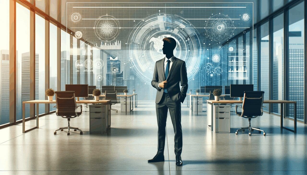 Retrato de un emprendedor en una oficina moderna con fondo tecnológico