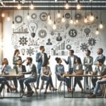 Grupo de emprendedores discutiendo ideas en un espacio de coworking moderno