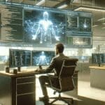 Persona utilizando computadora en espacio de oficina moderna con pantallas mostrando códigos y gráficos de juego