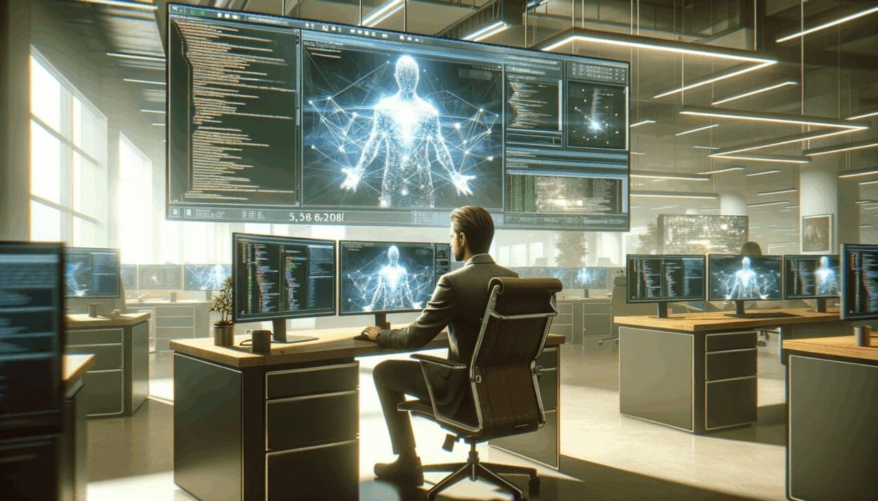 Persona utilizando computadora en espacio de oficina moderna con pantallas mostrando códigos y gráficos de juego