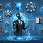 Ilustración conceptual de inteligencia artificial aplicada al sector legal, con fondo de tonos azules y detalles tecnológicos