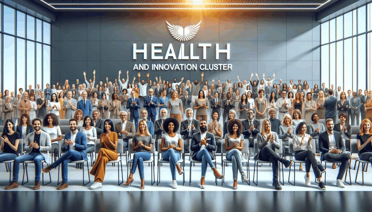 Personas reunidas en un auditorio moderno durante el lanzamiento de un clúster de salud e innovación