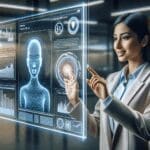 Persona interactuando con una interfaz de voz en una pantalla futurista, en un entorno moderno de tecnología