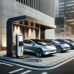 Estación de carga eléctrica moderna con autos conectados en entorno urbano