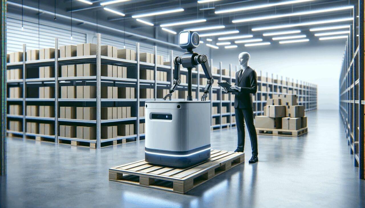 Robot autónomo operando en un centro de distribución moderno y bien iluminado