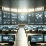 Interior de un centro de comando tecnológico con pantallas de datos y análisis en tiempo real