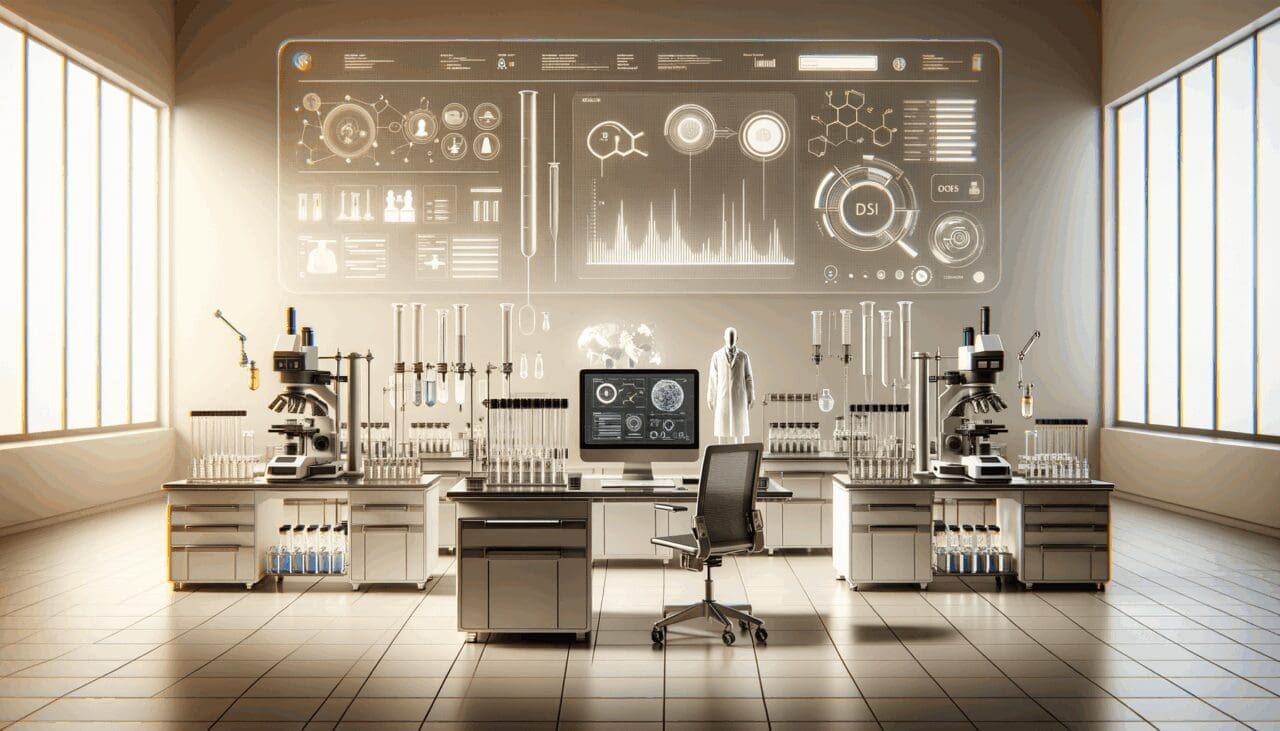 Laboratorio tecnológico con dispositivos modernos y frascos de muestras