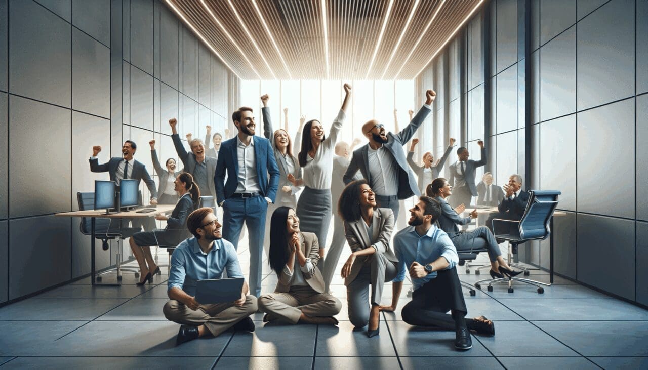 Equipo tecnológico reunido en una oficina moderna celebrando un logro empresarial