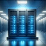 Sala de servidores con luz azul en un centro de datos tecnológico