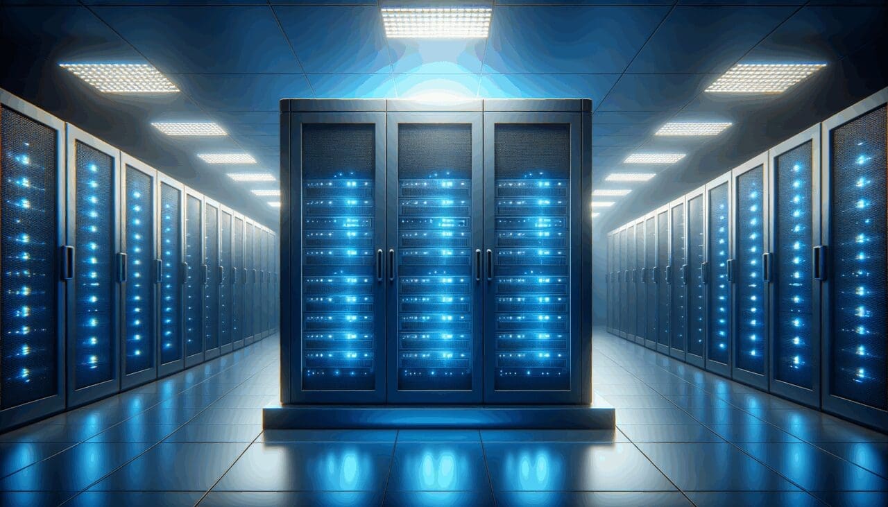 Sala de servidores con luz azul en un centro de datos tecnológico