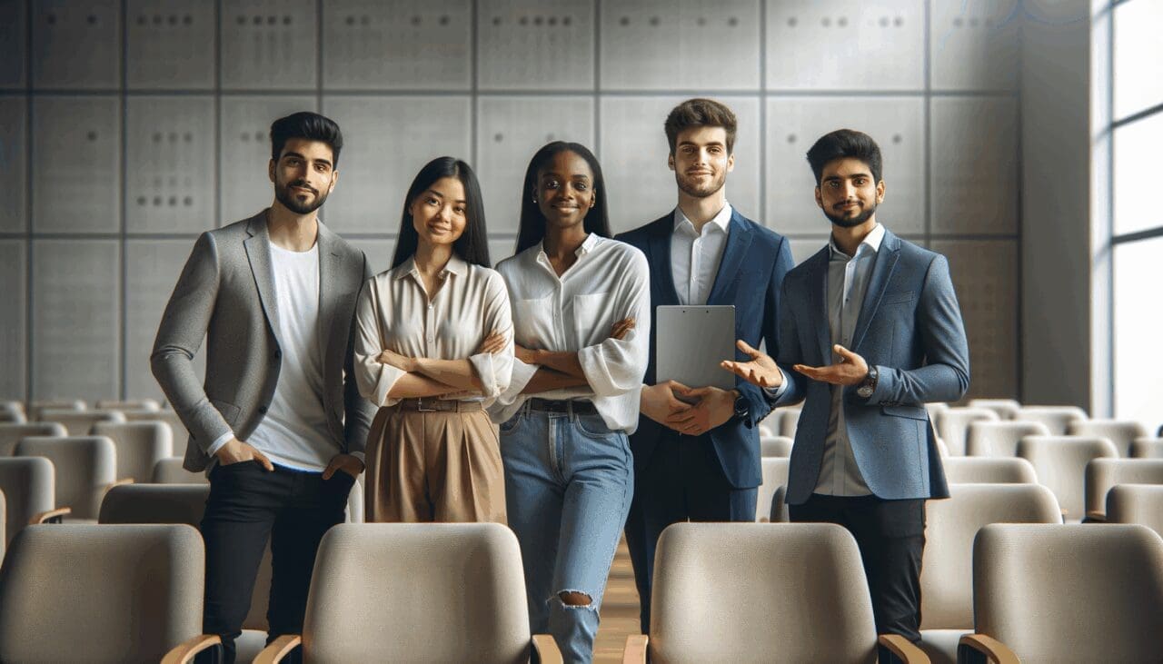 Equipo de jóvenes emprendedores presentando su startup tecnológica en un auditorio moderno