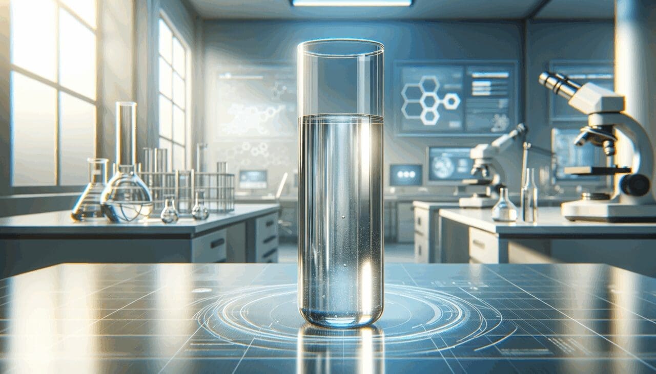 Tubo de laboratorio con líquido transparente sobre mesa de trabajo en ambiente tecnológico