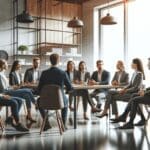 Grupo de emprendedores en una reunión en espacio de coworking moderno