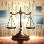 Ilustración de una balanza legal frente a un fondo de circuitos tecnológicos