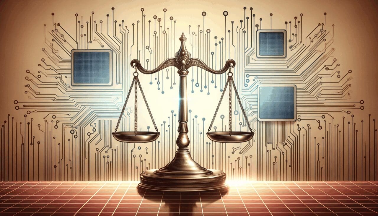 Ilustración de una balanza legal frente a un fondo de circuitos tecnológicos