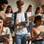 Estudiantes en un aula interactuando con tabletas en un entorno educativo moderno