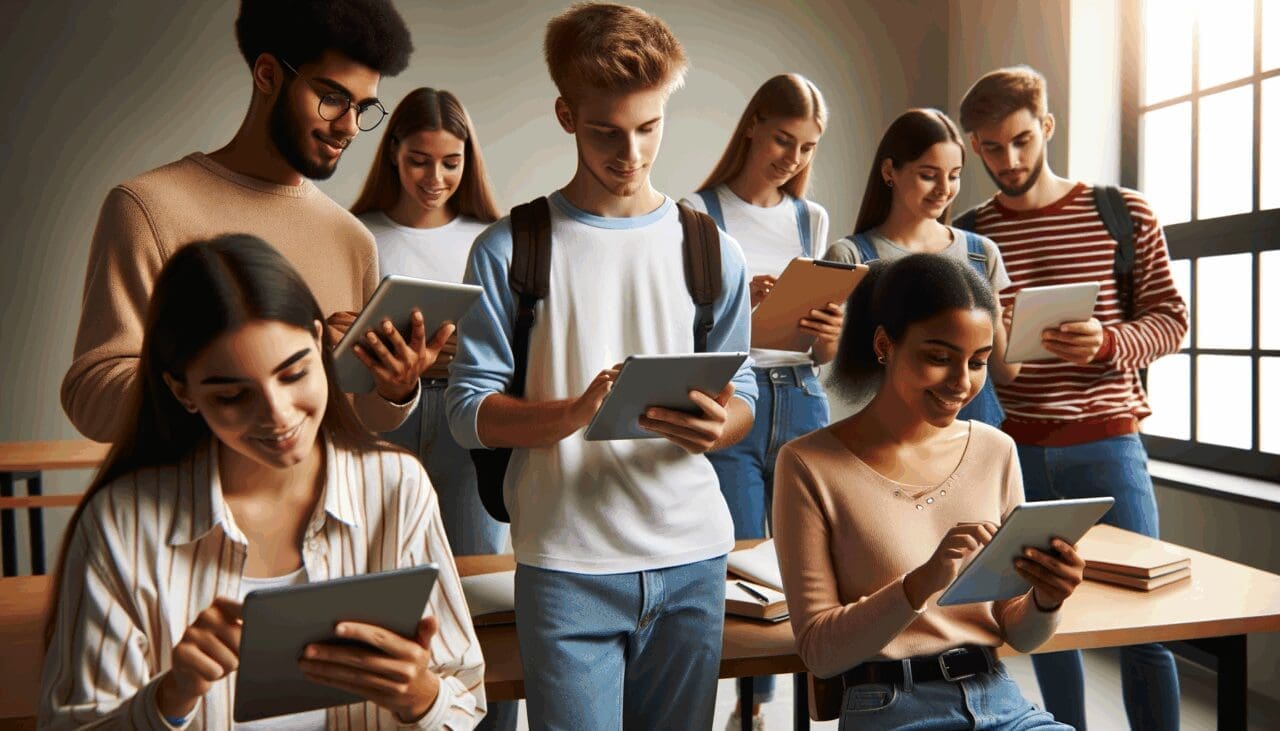 Estudiantes en un aula interactuando con tabletas en un entorno educativo moderno