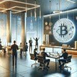 Ilustración conceptual de una startup manejando criptomonedas en una oficina moderna