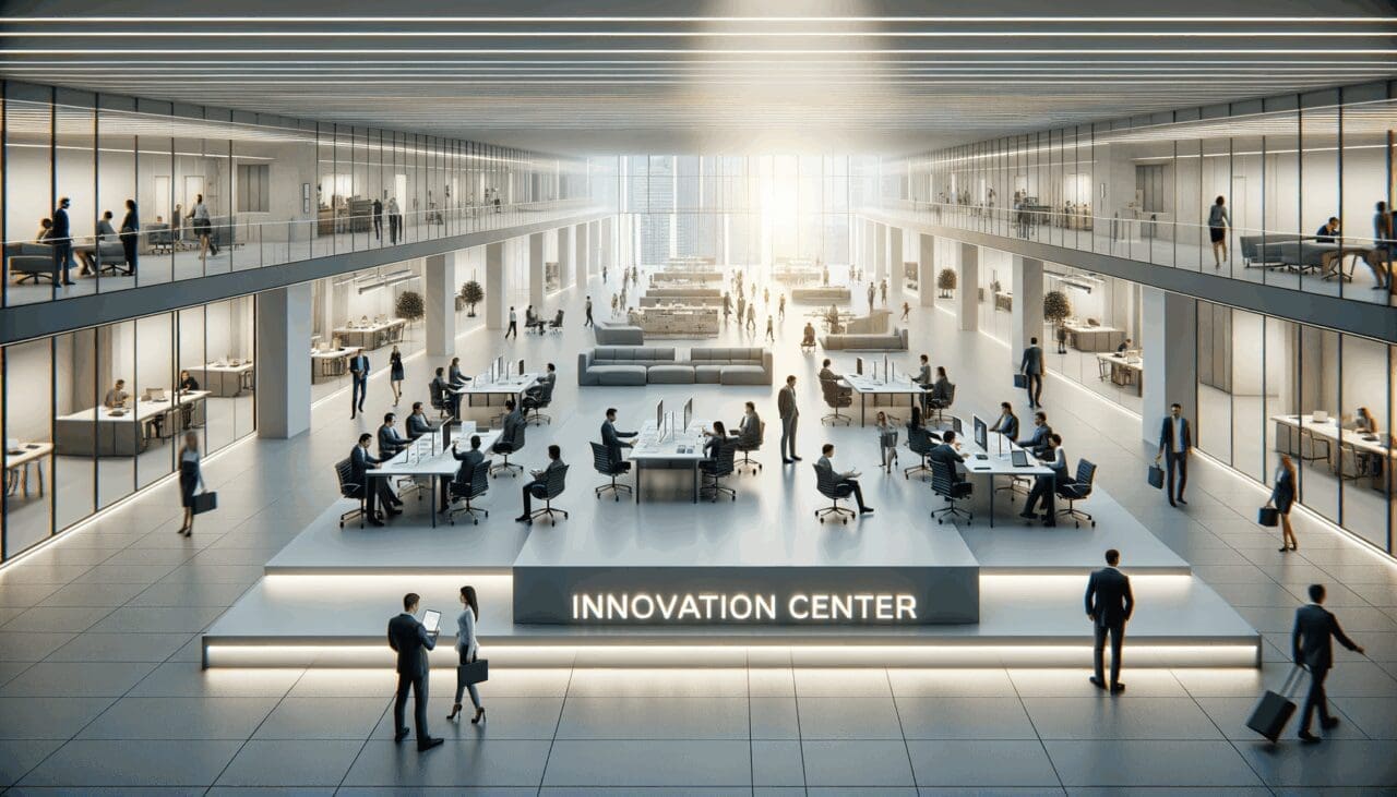 Vista aérea de un centro de innovación con emprendedores colaborando