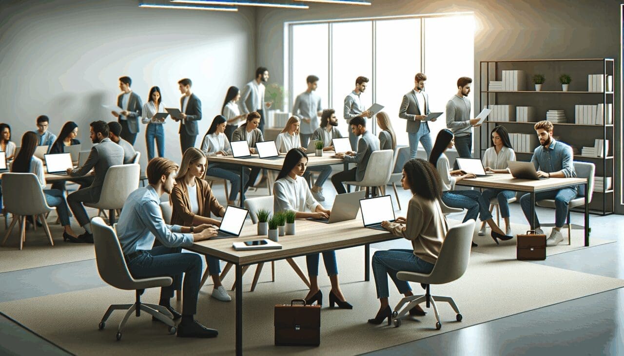 Oficina moderna con jóvenes emprendedores colaborando frente a laptops