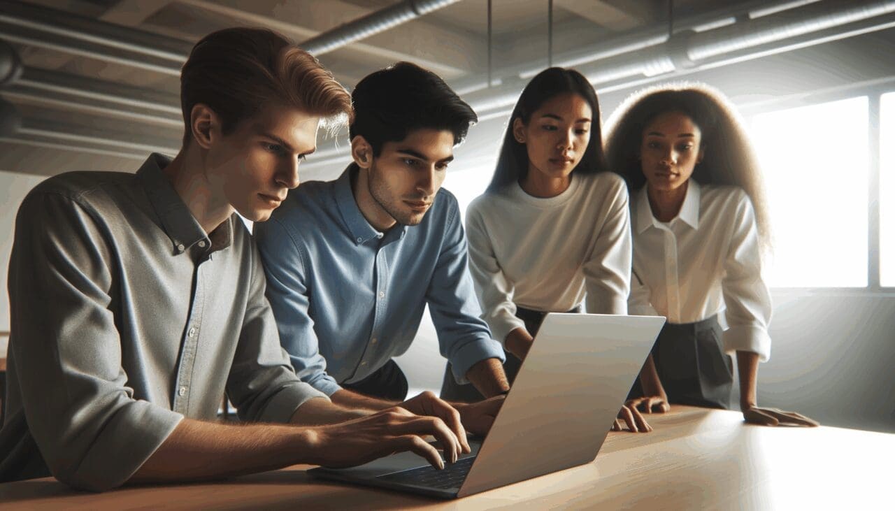 Personas jóvenes revisando datos en una laptop en un espacio de coworking moderno