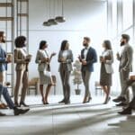 Grupo de emprendedores y ejecutivos conversando en un espacio colaborativo y moderno