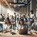 Emprendedores trabajando en laptops dentro de un moderno espacio de coworking