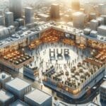 Vista aérea de un hub de innovación con startups y espacios colaborativos