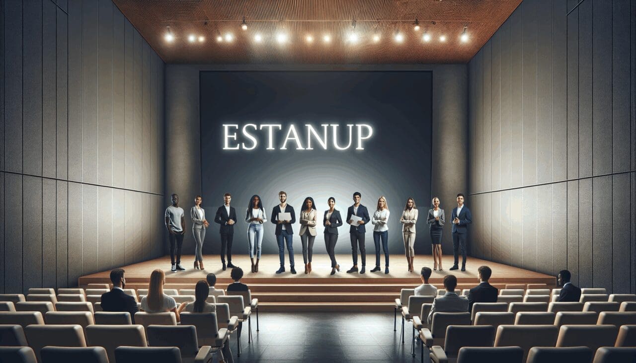 Jóvenes emprendedores presentando su startup en un auditorio corporativo moderno