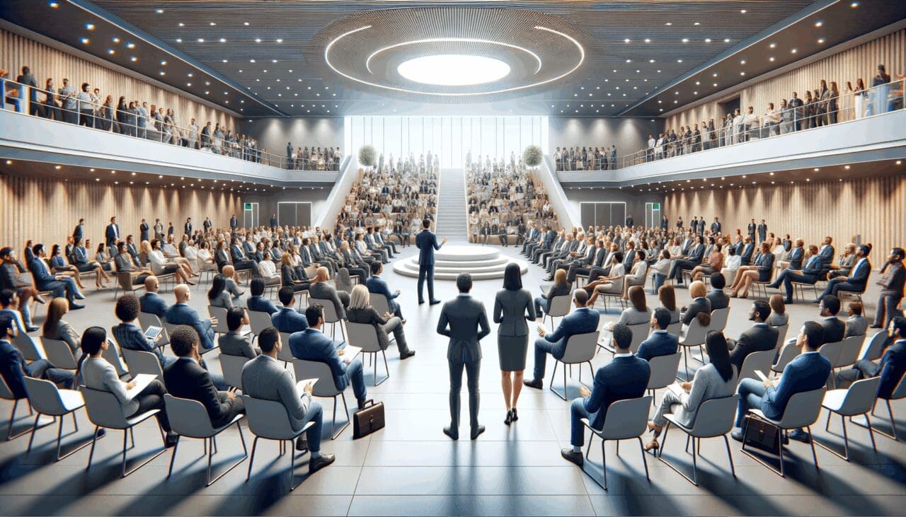 Vista panorámica de un evento de innovación con emprendedores y ejecutivos interactuando en un auditorio moderno