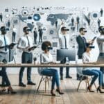 Equipo tecnológico trabajando con dispositivos de realidad aumentada en una sala moderna