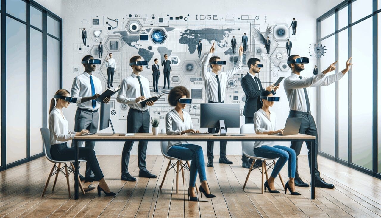 Equipo tecnológico trabajando con dispositivos de realidad aumentada en una sala moderna