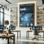 Oficina moderna con pantalla mostrando gráficos de inteligencia artificial