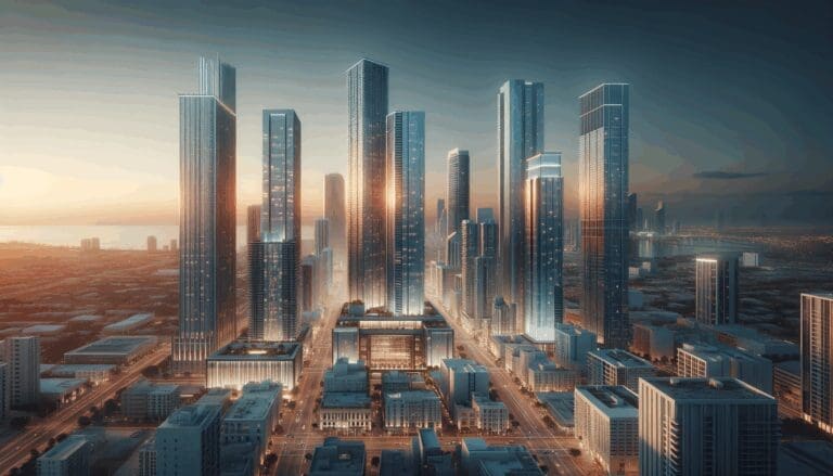 Vista panorámica de rascacielos modernos en el centro de Miami con edificios tecnológicos iluminados al atardecer