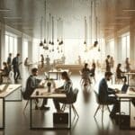 Espacio moderno de coworking lleno de emprendedores trabajando en laptops