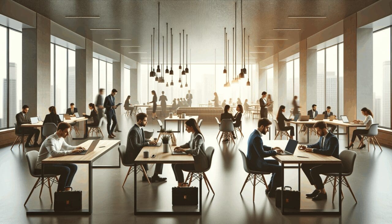 Espacio moderno de coworking lleno de emprendedores trabajando en laptops