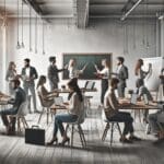 Equipo de emprendedores trabajando en una oficina moderna con laptops y pizarras