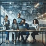 Emprendedores colaborando en un espacio moderno con tecnología de vanguardia.