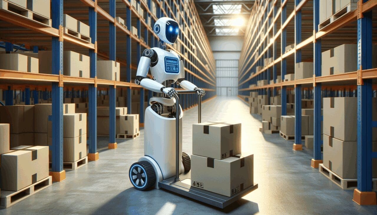 Robot autónomo en un almacén logístico industrial manejando paquetes