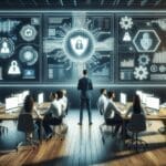 Equipo de una startup trabajando frente a pantallas con gráficos de ciberseguridad