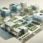 Vista aérea de un campus tecnológico moderno con edificios de cristal y zonas verdes