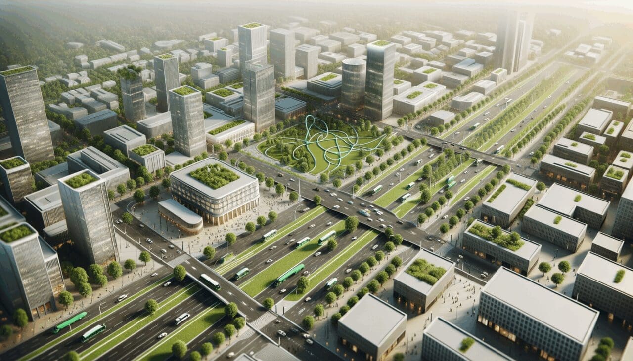 Vista aérea de una ciudad inteligente con espacios verdes y transporte eléctrico
