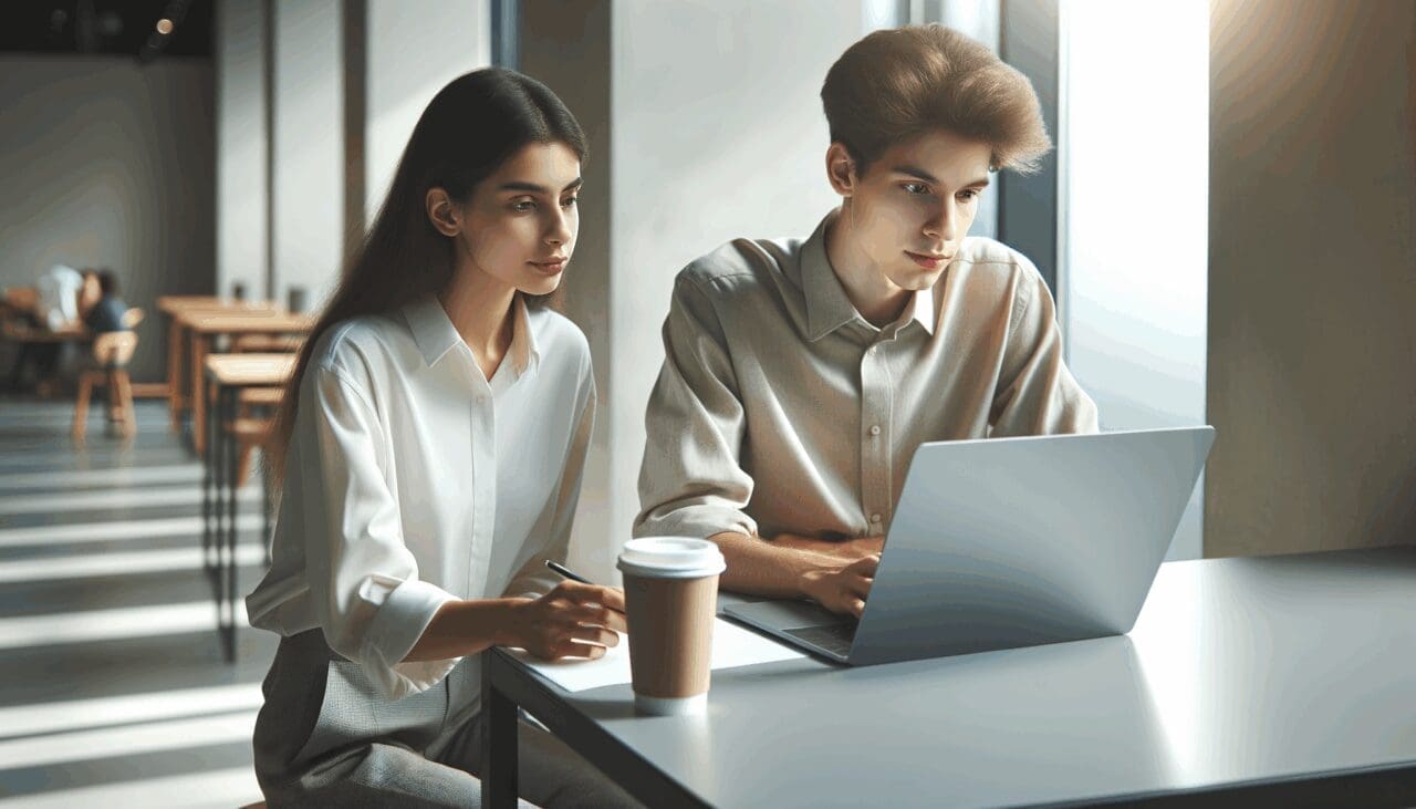 Dos jóvenes emprendedores trabajando en una laptop en un coworking moderno