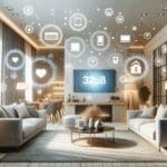 Ambiente tecnológico con dispositivos inteligentes en un hogar moderno