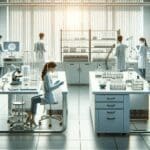 Laboratorio moderno con investigadores analizando muestras biotecnológicas
