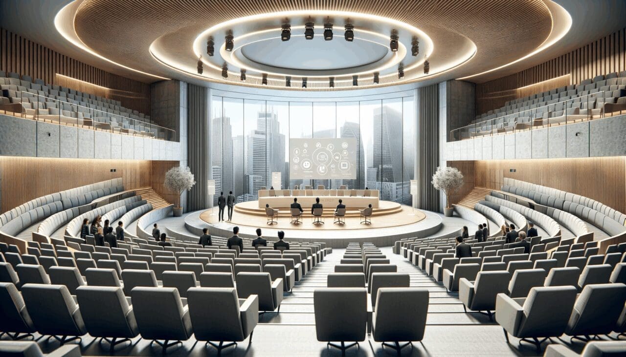 Auditorio moderno con startups presentando a inversionistas en un evento empresarial